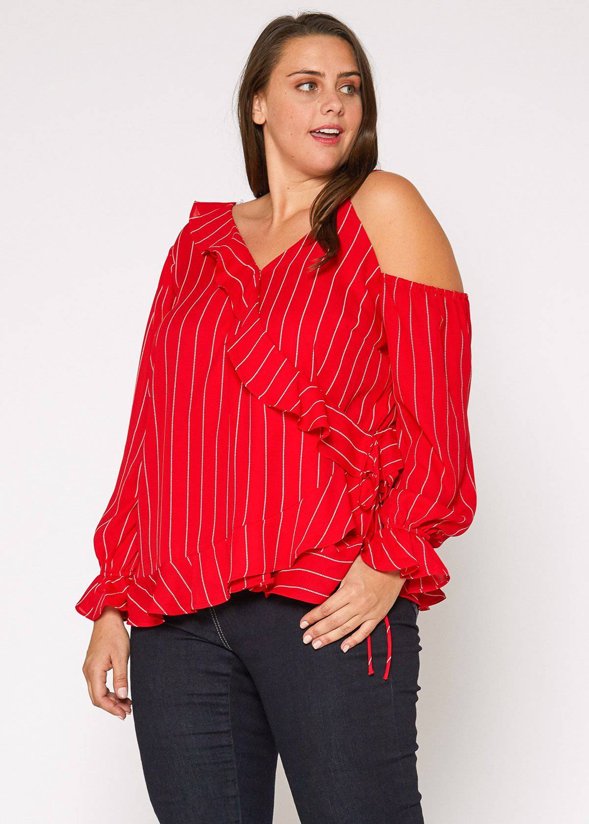 Plus Size Asymmetrical Shoulder Ruffle Blouse in Red by Shop at Konus