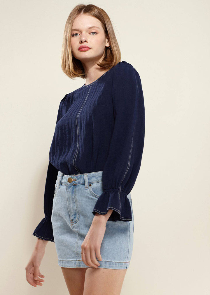 Women's Stitch Accent Puff Shoulder Bell Cuff Top in Navy by Shop at Konus