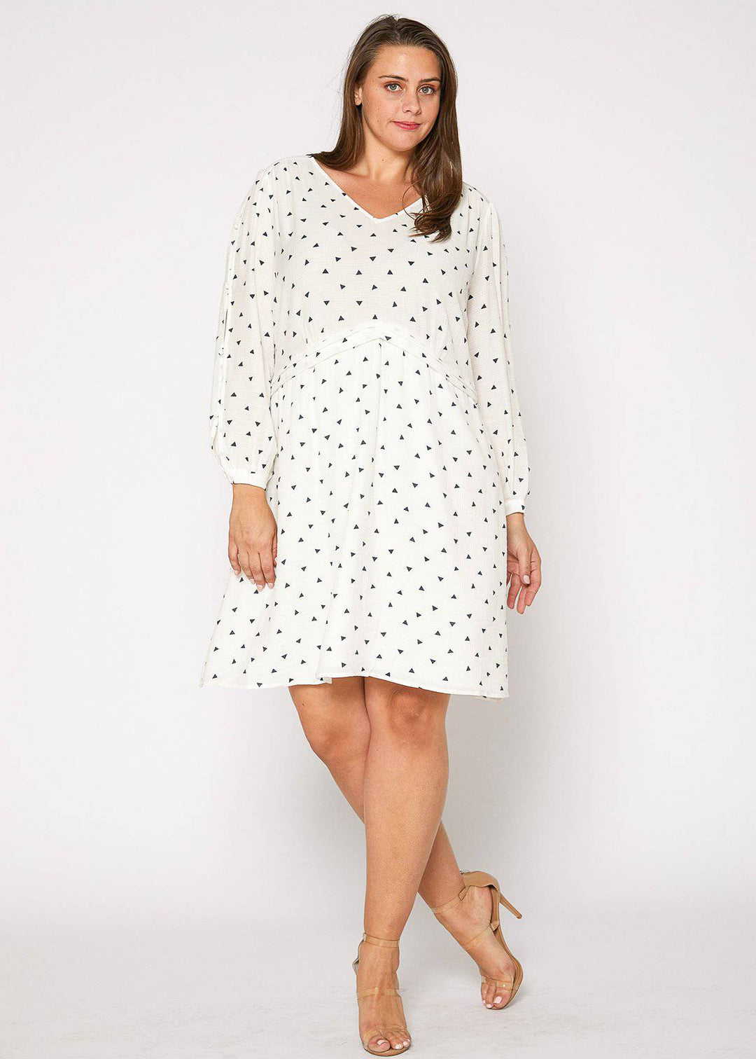 Plus Size Triangle Print Long Sleeve Dress in White Triangle by Shop at Konus