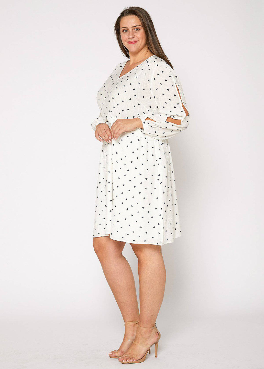 Plus Size Triangle Print Long Sleeve Dress in White Triangle by Shop at Konus