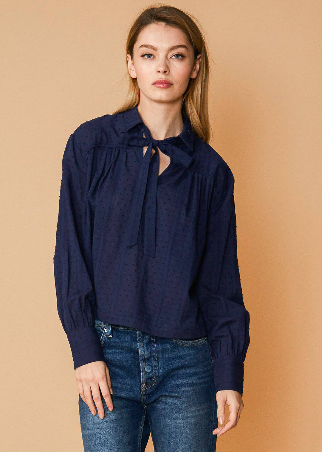 Women's Dotted Tie Neck Blouse in Midnight Stripe by Shop at Konus