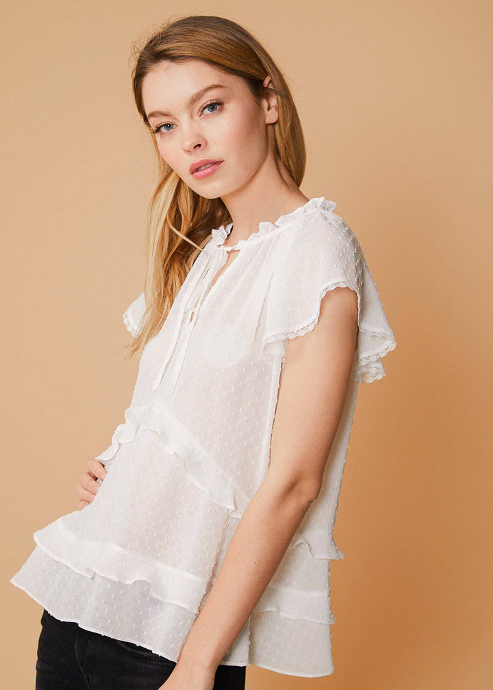 Swiss Dot Layered Ruffle Top in White by Shop at Konus