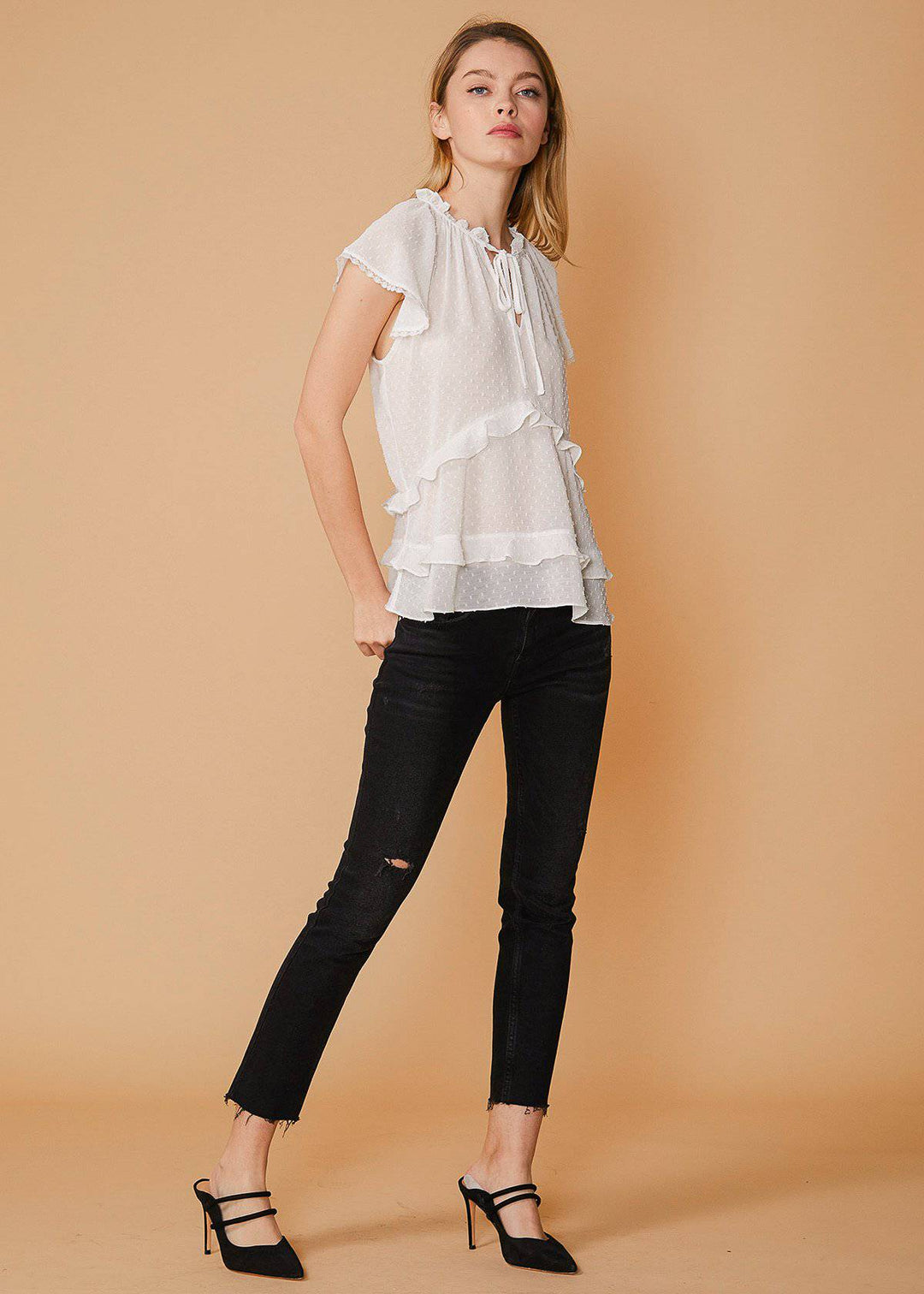 Swiss Dot Layered Ruffle Top in White by Shop at Konus