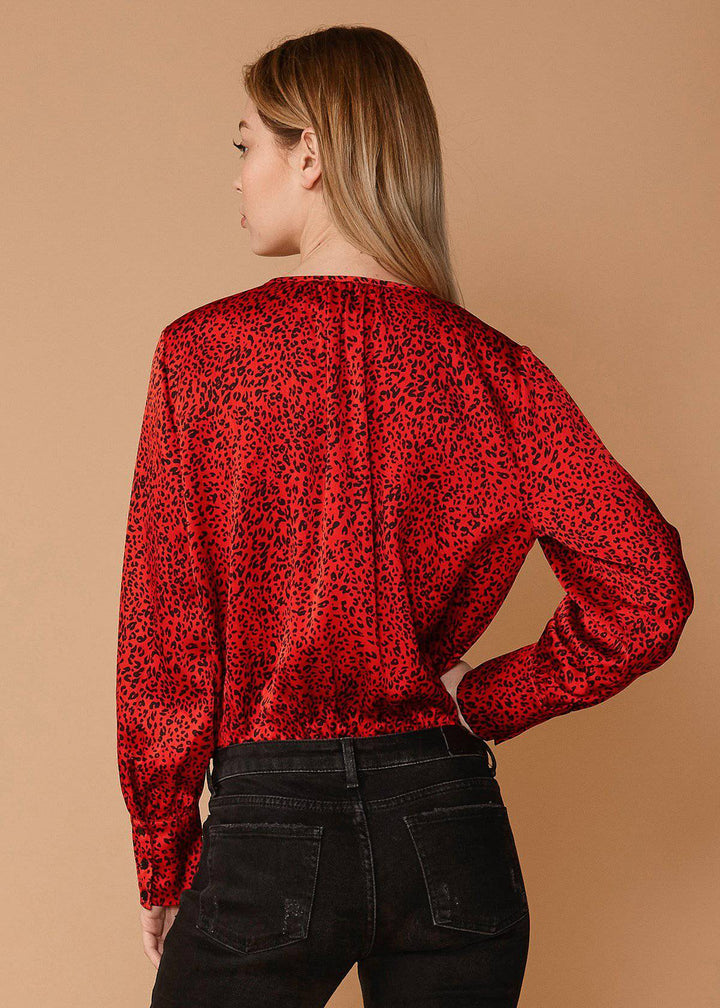 Women's Tie-neck Long Sleeve Bodysuit in Red Leopard by Shop at Konus