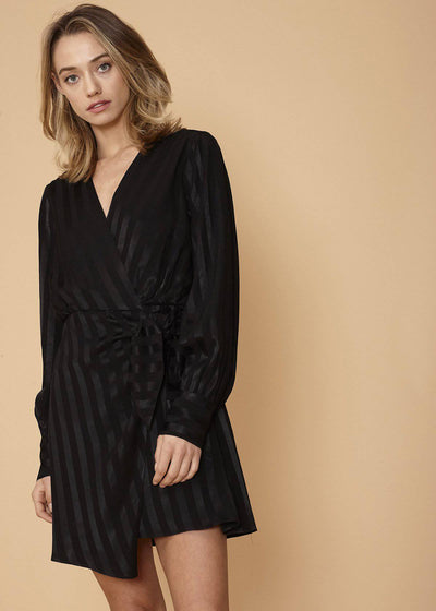 Stripe Satin Long Sleeve Mini Dress in Black by Shop at Konus