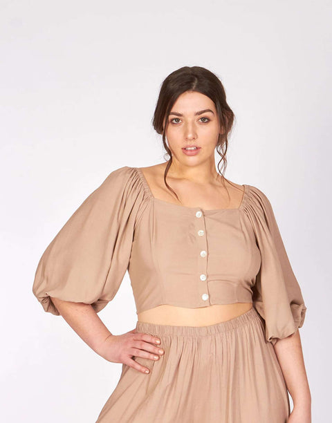 Almond Puff Sleeve Carolina Crop Top by LUVMEMORE