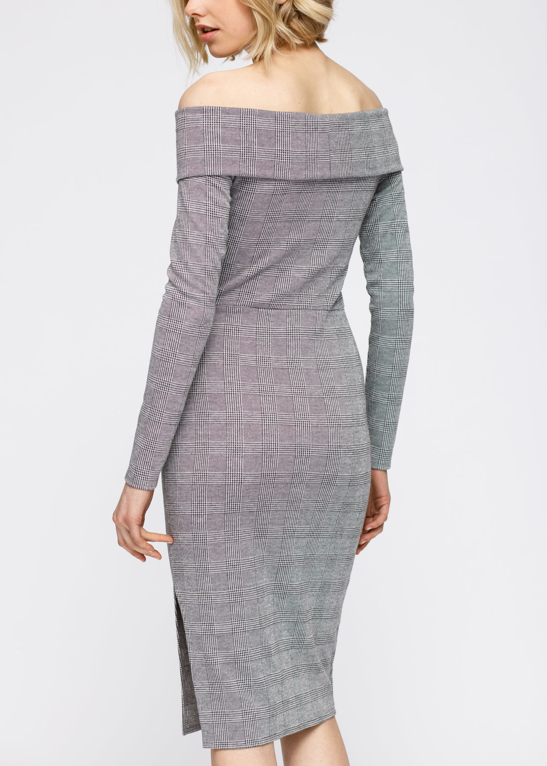 Glen Plaid Off Shoulder Crisscross Dress In Grey Black by Shop at Konus