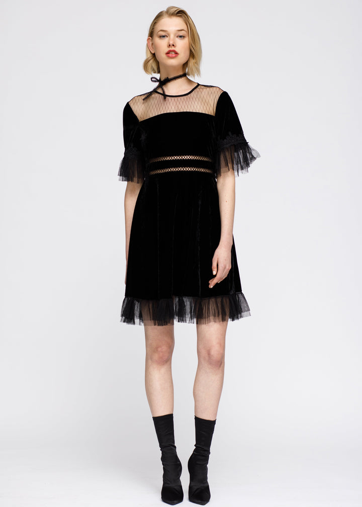 Mesh Contrast Velvet Dress In Black by Shop at Konus