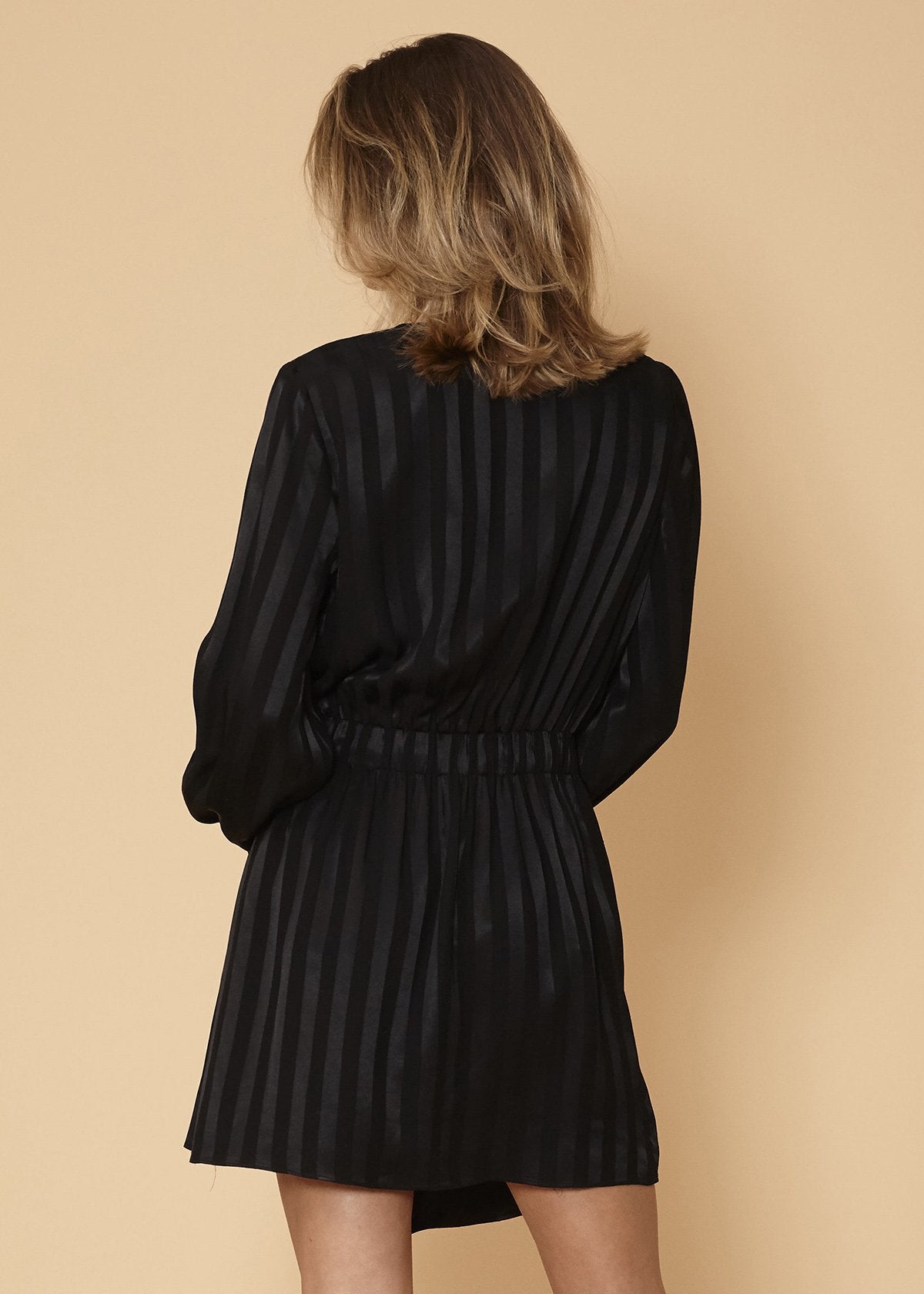 Stripe Satin Long Sleeve Mini Dress in Black by Shop at Konus