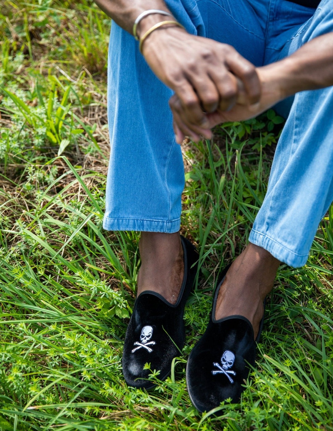 Men's Black Velvet Slipper II with Skull & Bone by Del Toro Shoes