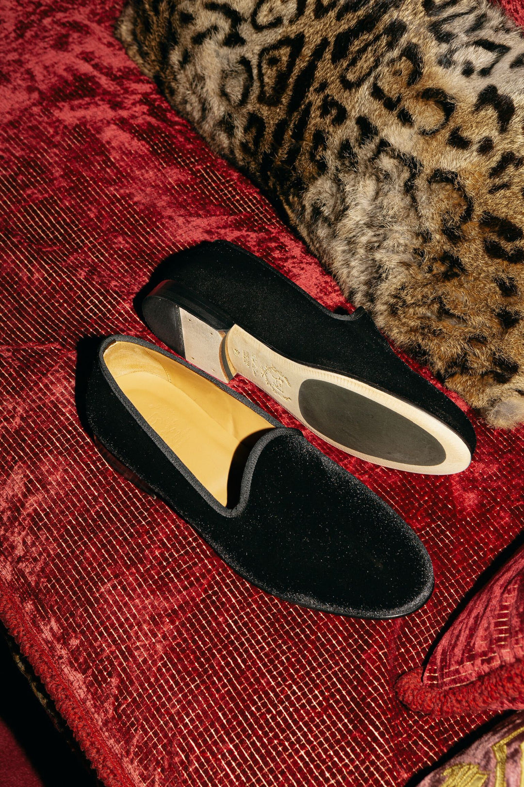 Men's Black Velvet Slipper II With Red Croc Effect Leather Stripe by Del Toro Shoes