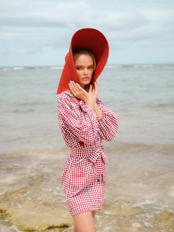 Lola Wide Brim Jute Straw Hat, in Red by BrunnaCo