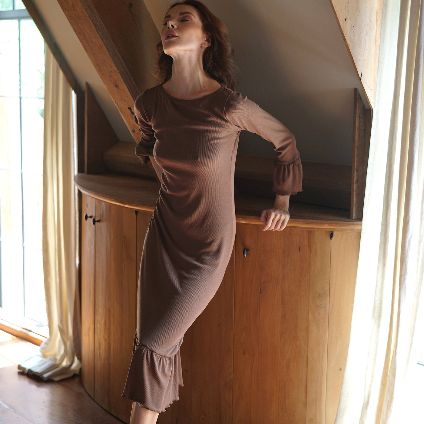 MARJORIE Ruffle Rib Dress, in Dark Brown by BrunnaCo