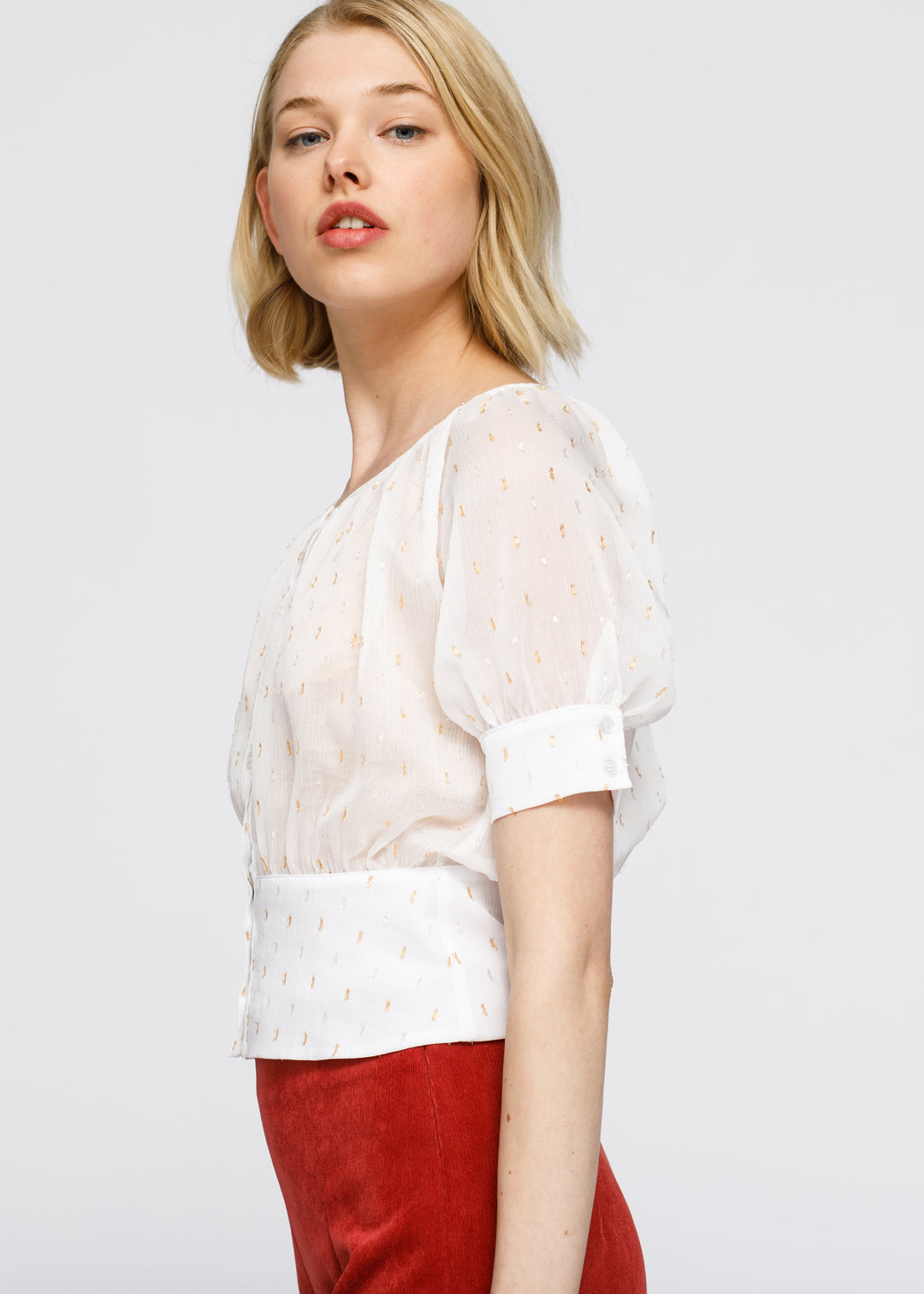 Sheer Puff Shoulder Crop Top Blouse In White by Shop at Konus