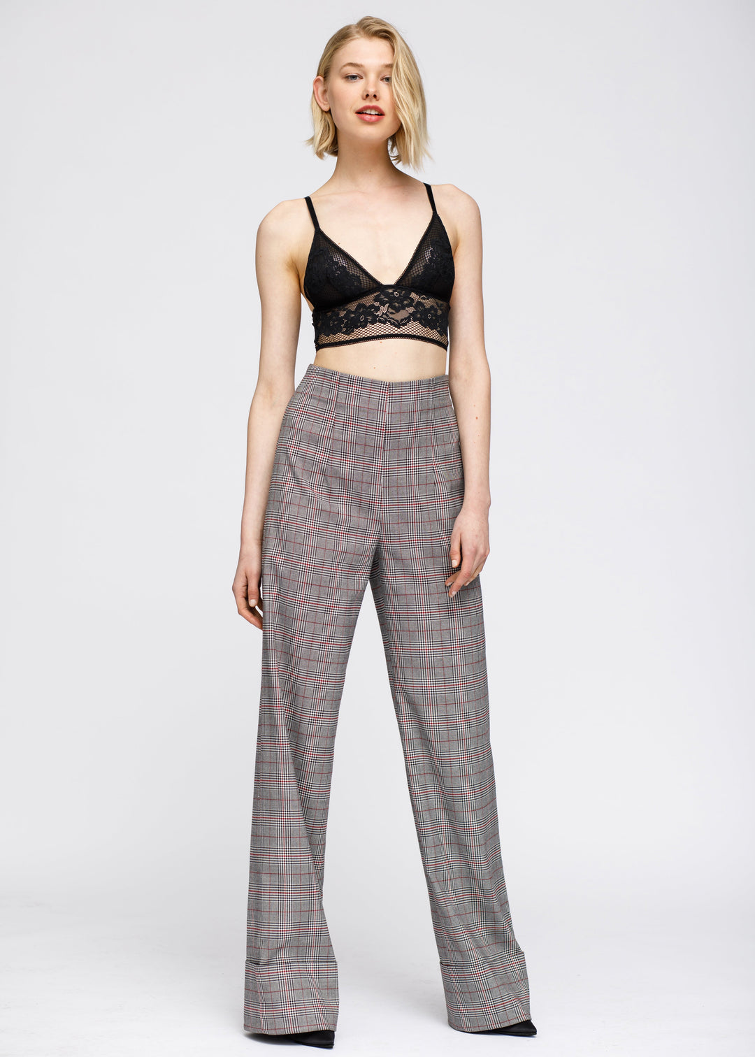 Women's Multi Glen Plaid High Waist Wide Leg Pants In Grey Plaid by Shop at Konus