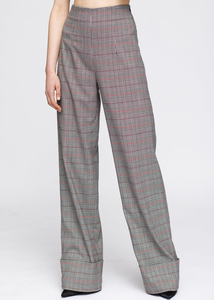 Women's Multi Glen Plaid High Waist Wide Leg Pants In Grey Plaid by Shop at Konus