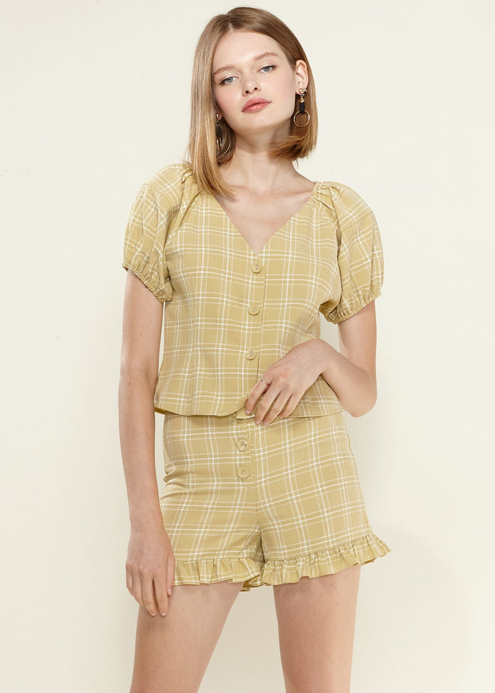 Plaid Puff Shoulder Button Down Blouse by Shop at Konus