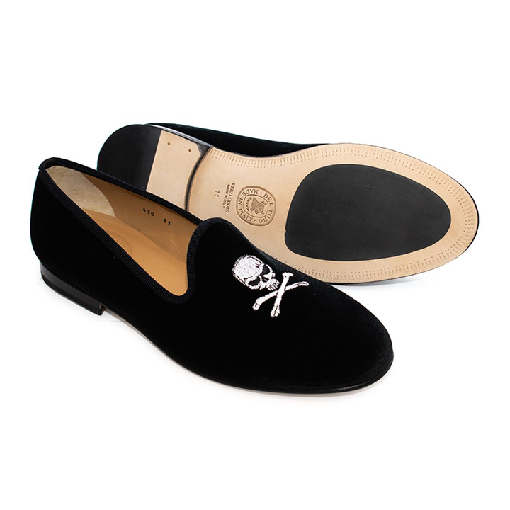 Men's Black Velvet Slipper II with Skull & Bone by Del Toro Shoes