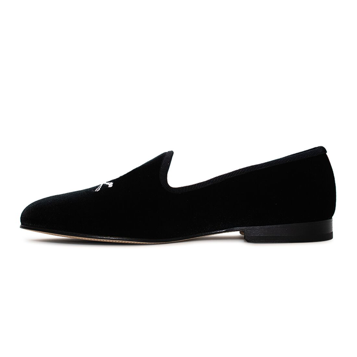 Men's Black Velvet Slipper II with Skull & Bone by Del Toro Shoes