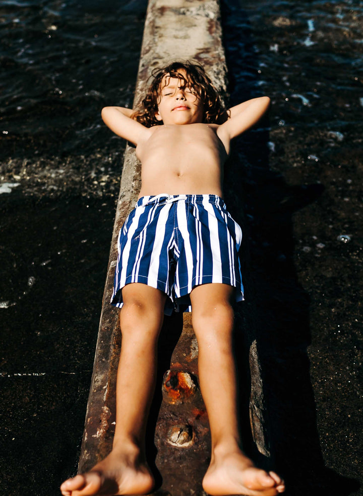 Navy Stripes - Kids Swim Trunks by Bermies Swimwear